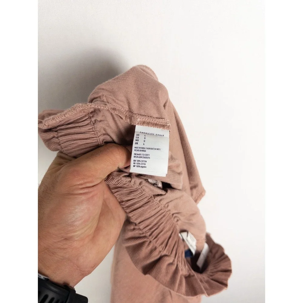 American Eagle Pants Womens L Pink Wide Leg Strap Relaxed Ruffle Stretch Cotton‎